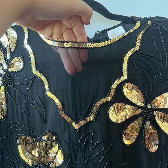 Stenay Women's Black & Gold Floral Sequin Beaded Short Sleeve Blouse Size Small - Picture 3 of 10